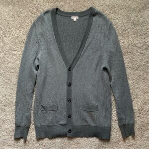 Merona Cardigan Sweater Mens Herringbone Gray Pockets 100% Cotton Buttons Size L